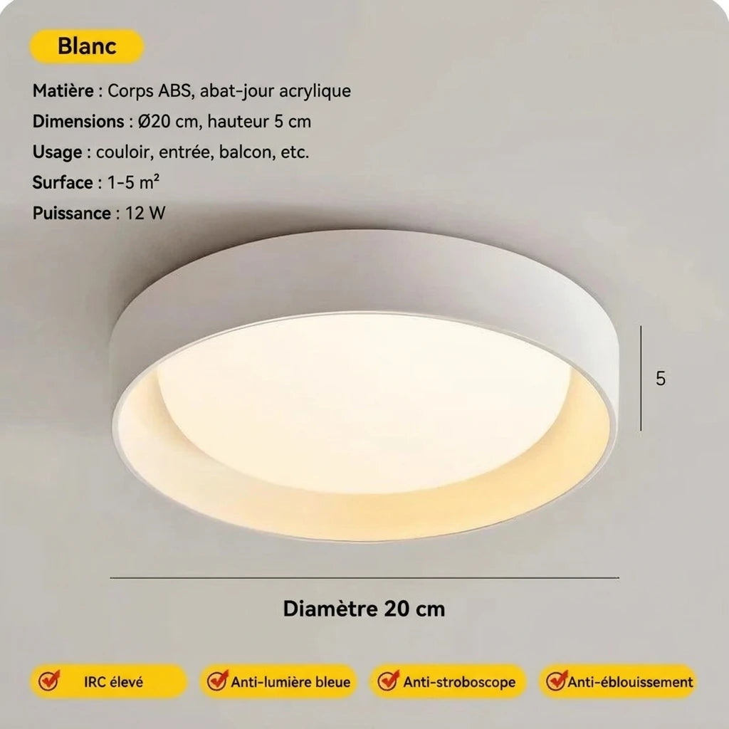 Plafonnier LED blanc rondelle – dimensions Ø20×5 cm, coloris blanc