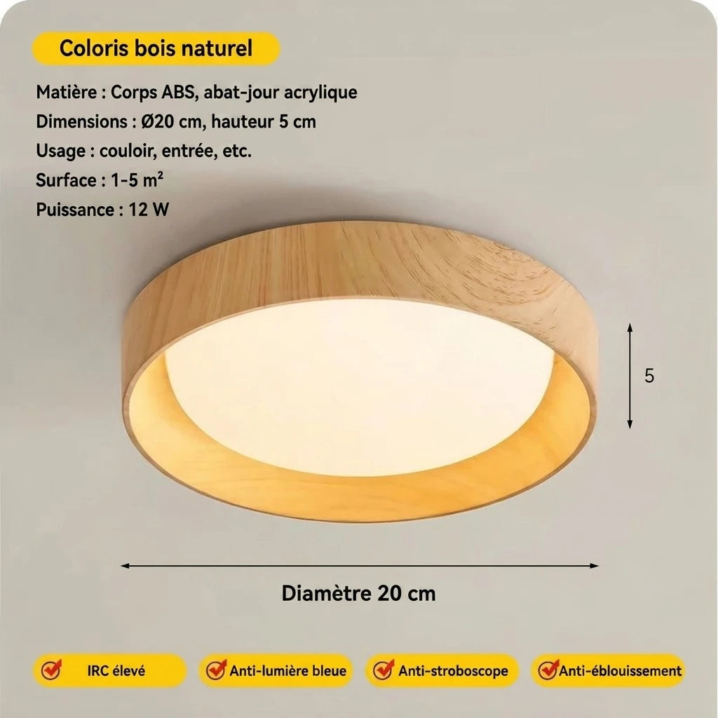 Plafonnier LED bois naturel rondelle – dimensions Ø20×5 cm, coloris bois naturel