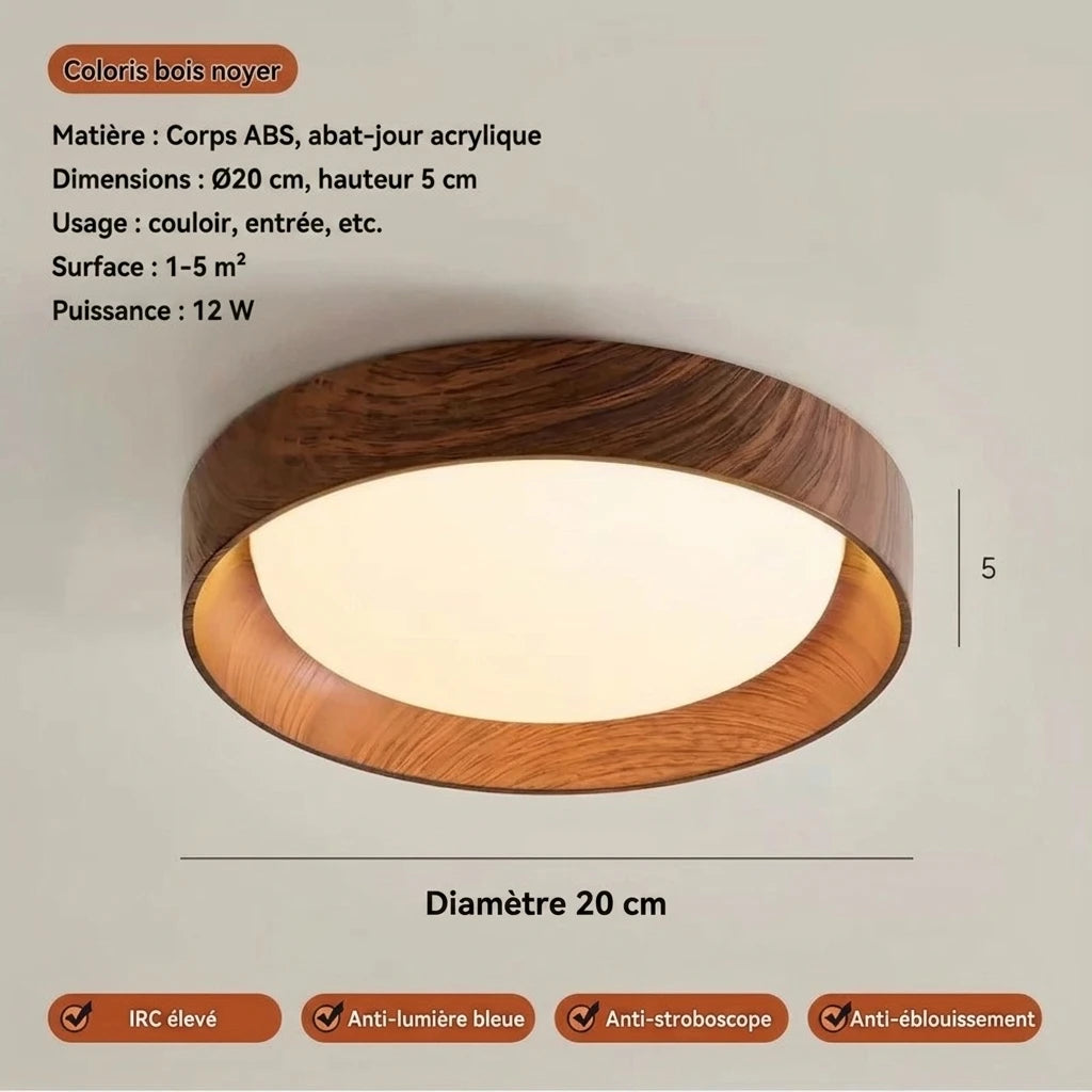 Plafonnier LED bois rondelle – dimensions Ø20×5 cm, coloris bois noyer
