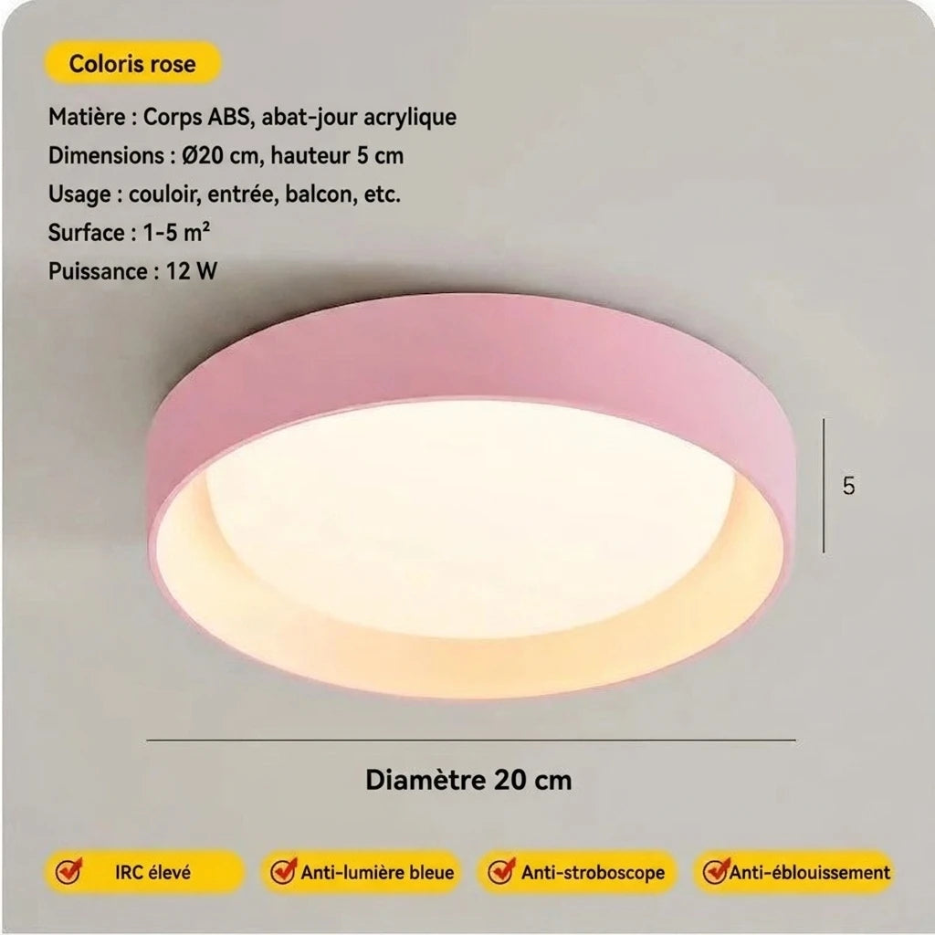 Plafonnier LED rose rondelle – dimensions Ø20×5 cm, coloris rose
