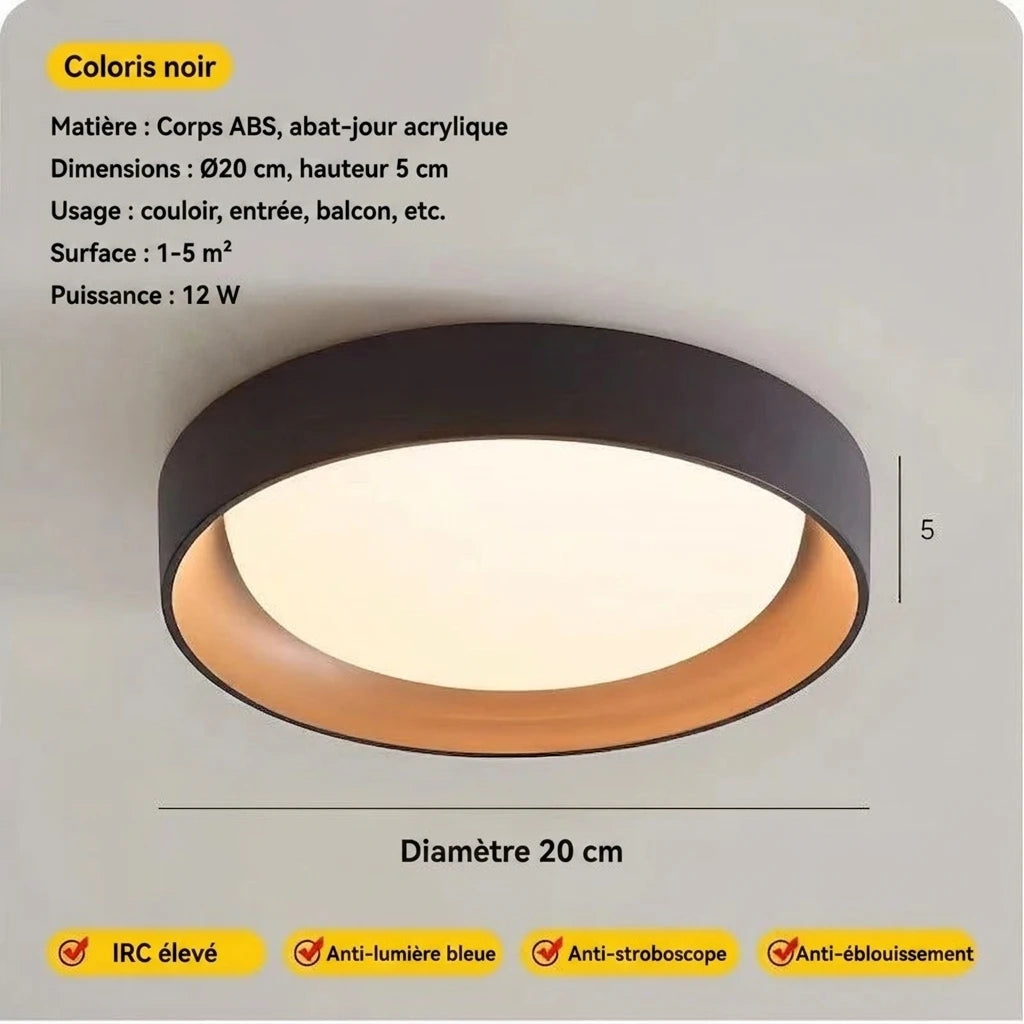 Plafonnier LED noir rondelle – dimensions Ø20×5 cm, coloris noir