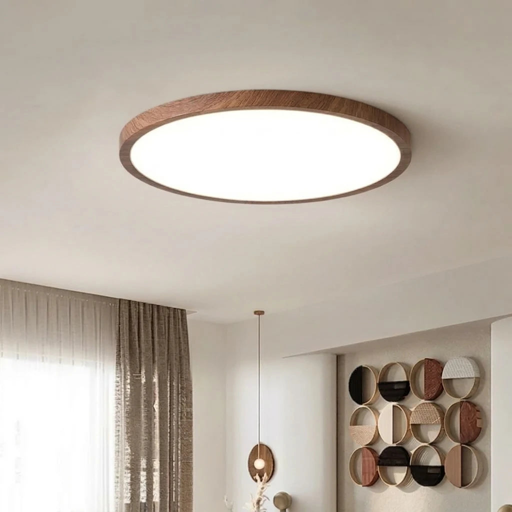 Plafonnier Bois LED Rond ultra-fin noyer – salon moderne