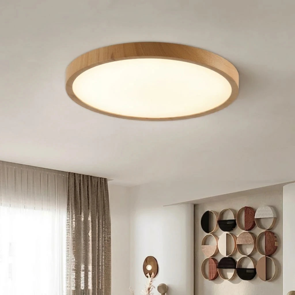 Plafonnier Bois LED Rond ultra-fin naturel – salon lumineux