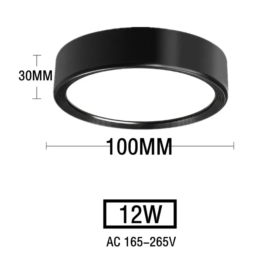 Plafonnier LED noir 12W – dimensions Ø100mm × H30mm