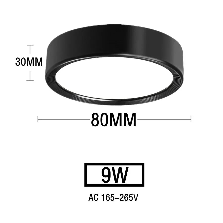 Plafonnier LED noir 9W – dimensions Ø80mm × H30mm