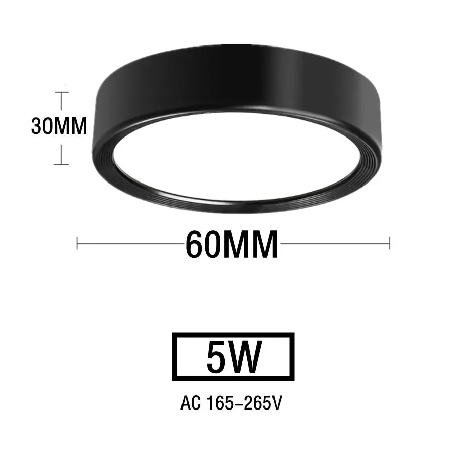 Plafonnier LED noir 5W – dimensions Ø60mm × H30mm