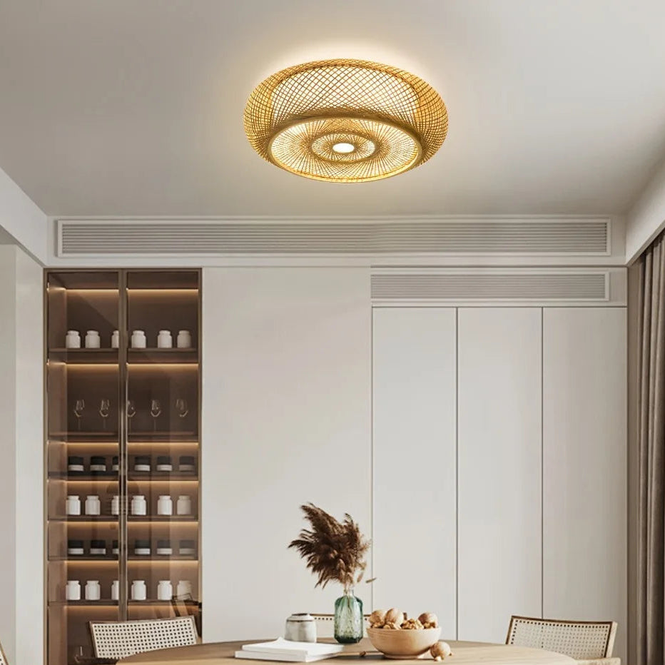 Plafonnier bambou tressé asiatique – ambiance salle à manger lumière chaude