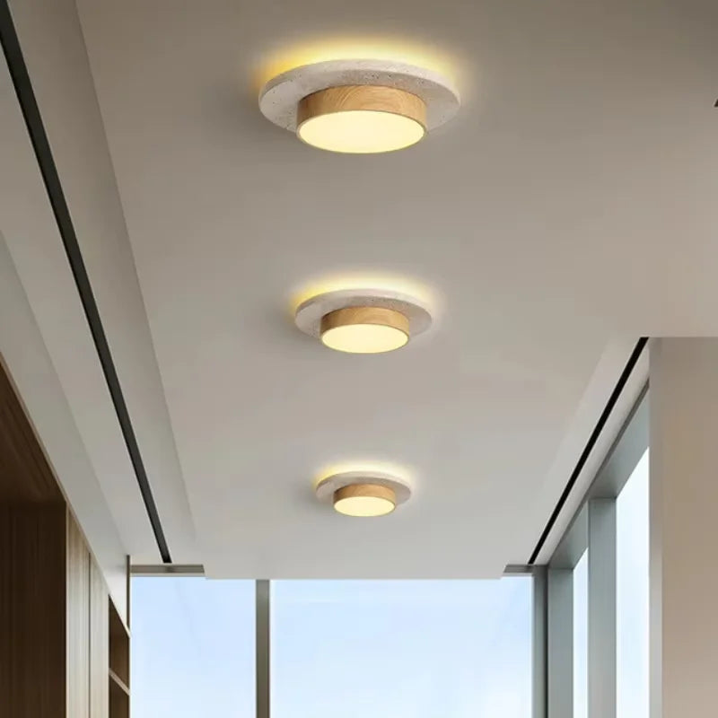 Plafonnier LED wabi-sabi pierre travertin bois – ambiance chambre Image
