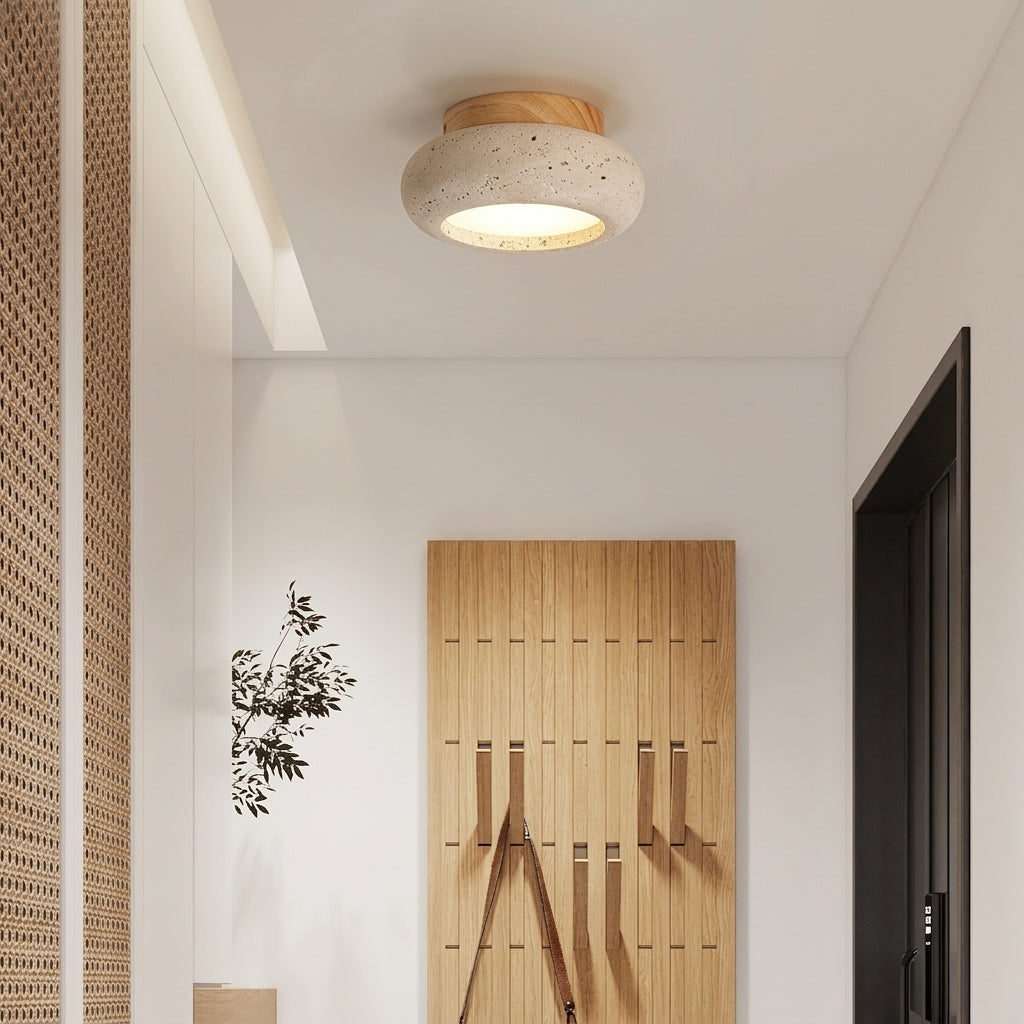 Plafonnier LED Naturel – Travertin & Bois – vue proche couloir bois