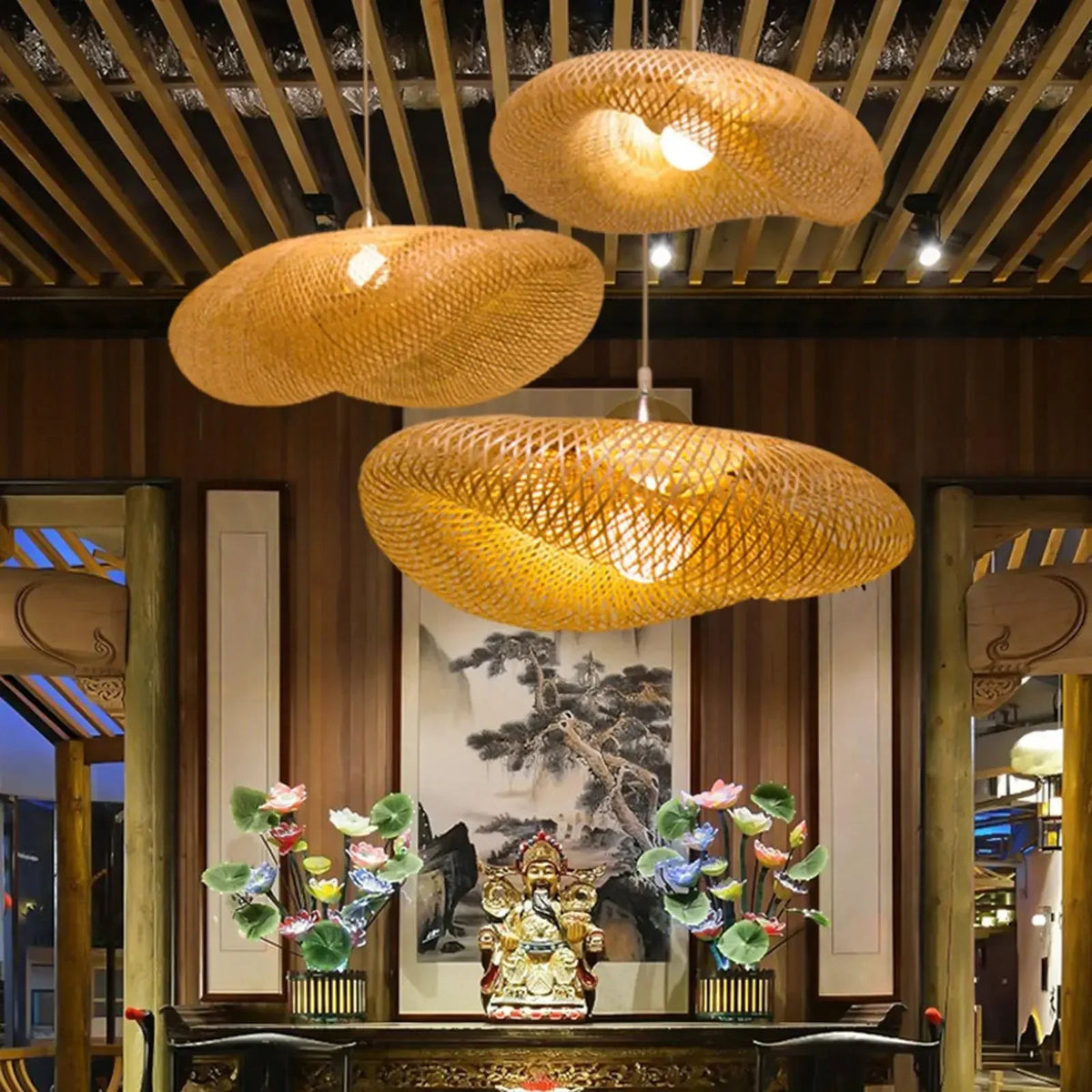 Suspension bambou tressé – ambiance salon asiatique lustre