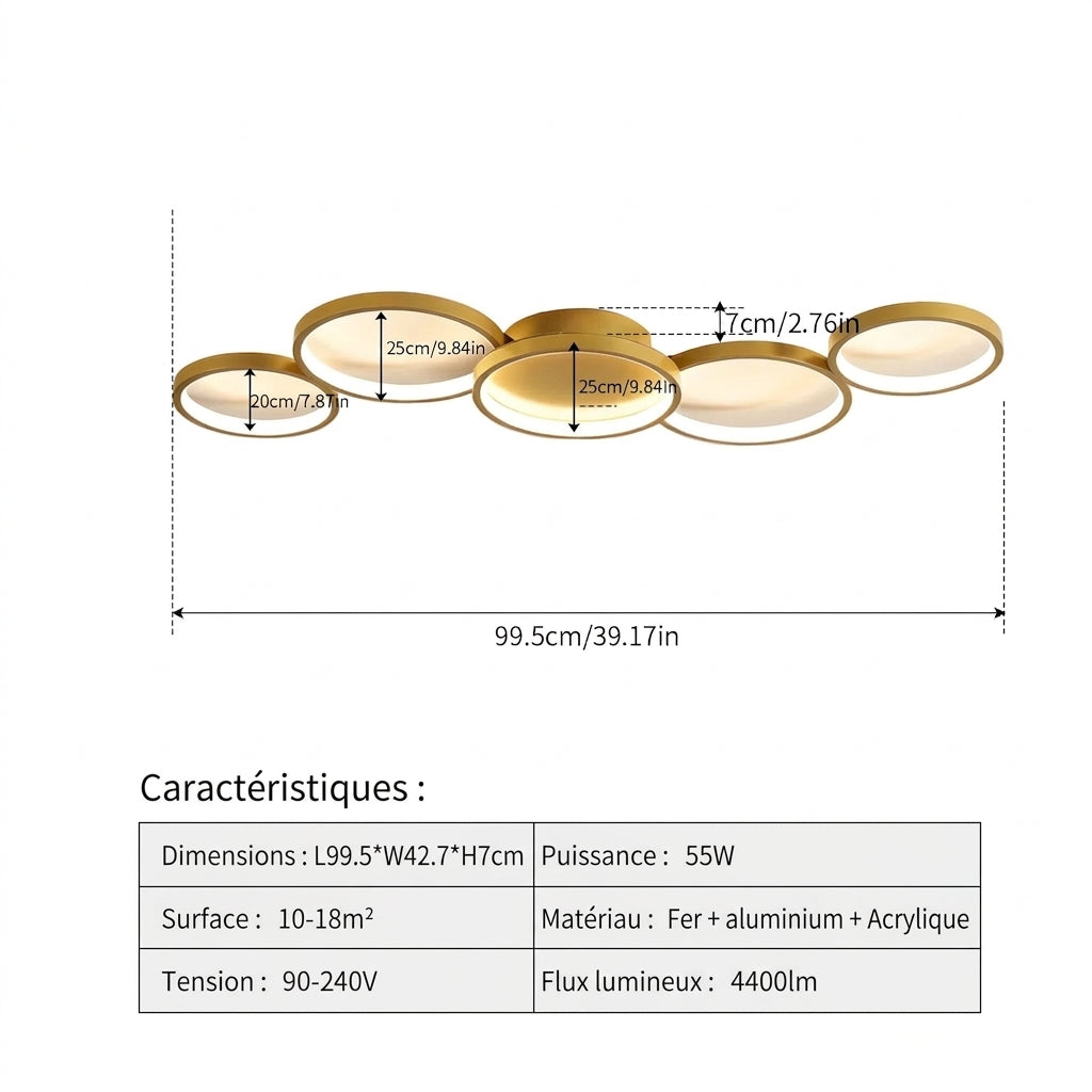 Plafonnier LED 7 Anneaux – dimensions L99.5 × l42.7 × H7 cm, 55W