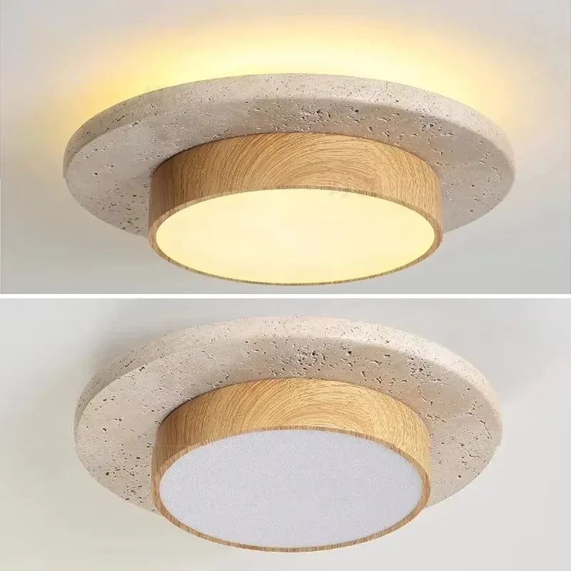 Plafonnier LED wabi-sabi pierre travertin – ambiance couloir