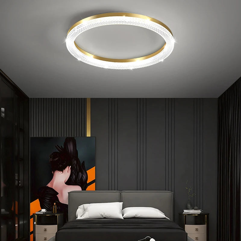 Plafonnier LED anneau doré Ø50cm – ambiance chambre design