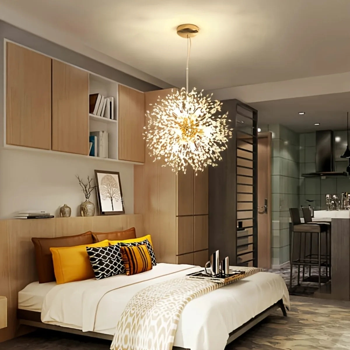 Lustre pissenlit cristal doré – ambiance chambre moderne