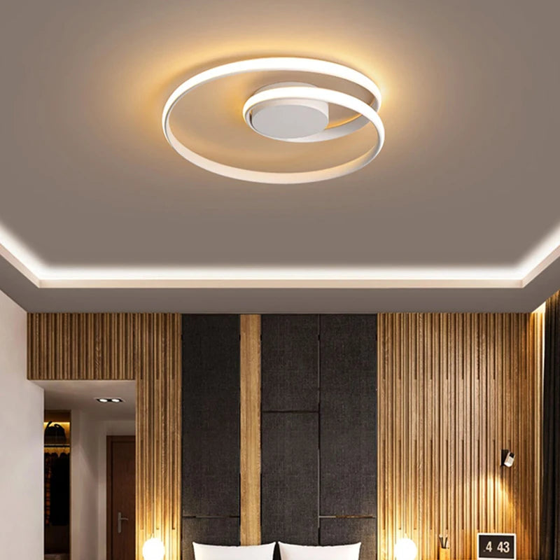 Plafonnier LED moderne rond noir – ambiance chambre bois