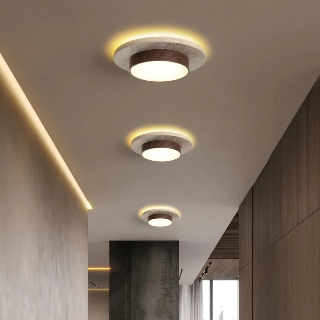 Plafonnier LED Pierre & Bois Wabi Sabi – couloir finition noyer