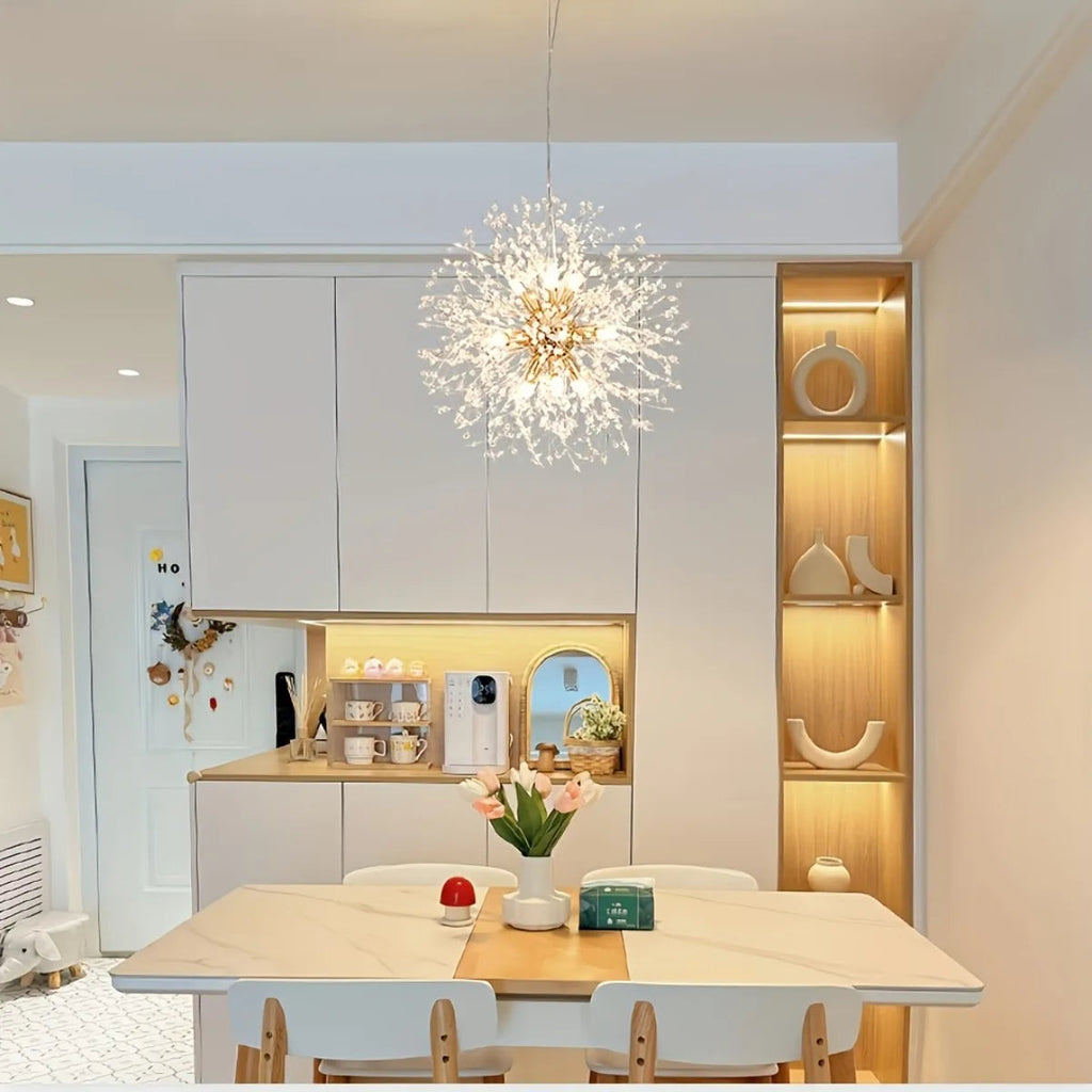 Lustre pissenlit cristal doré – ambiance cuisine salon