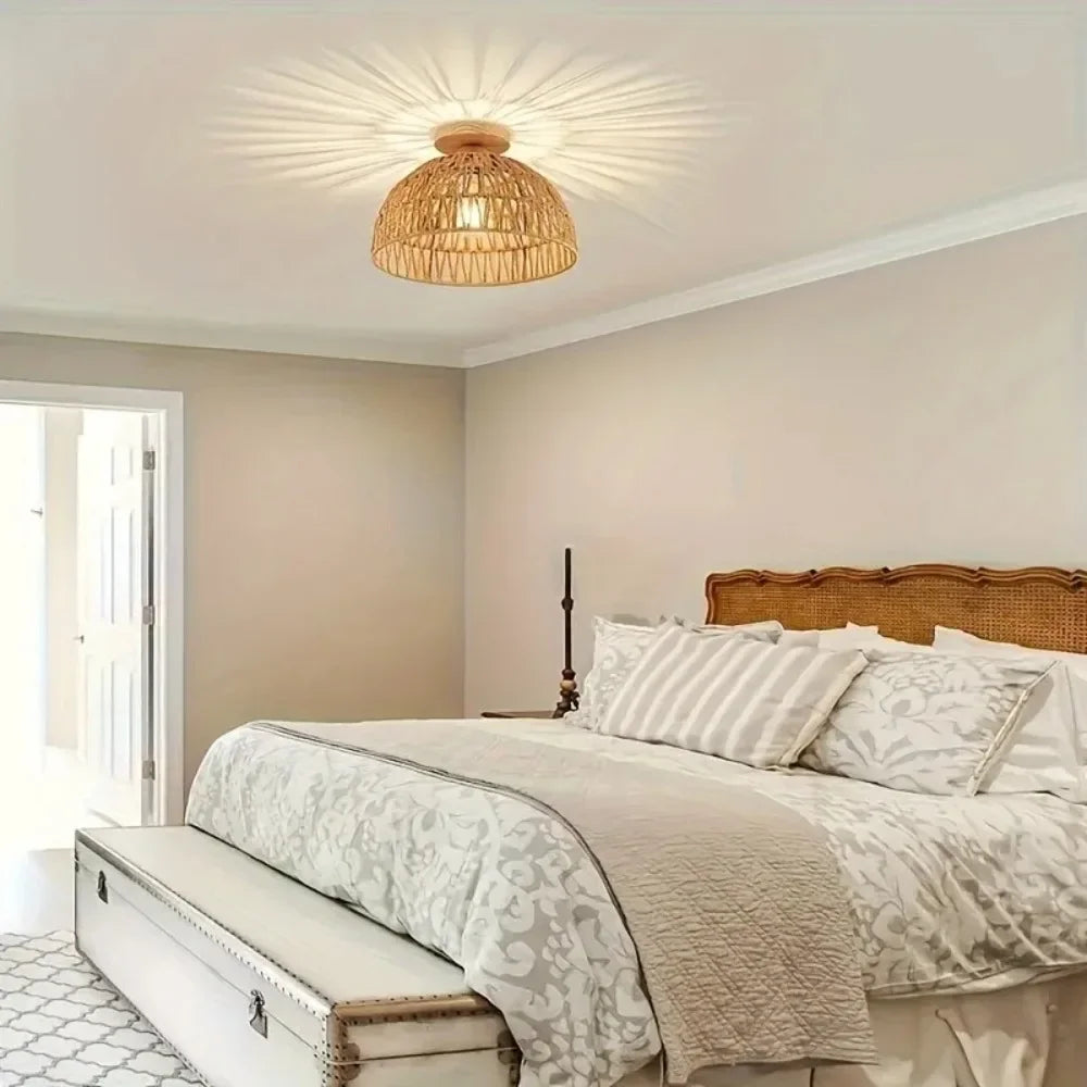 Plafonnier rotin tressé wabi-sabi – ambiance chambre naturelle