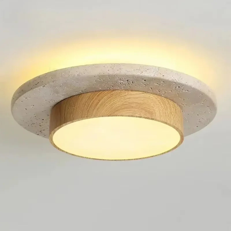 Plafonnier LED wabi-sabi travertin bois – vue produit ambiance