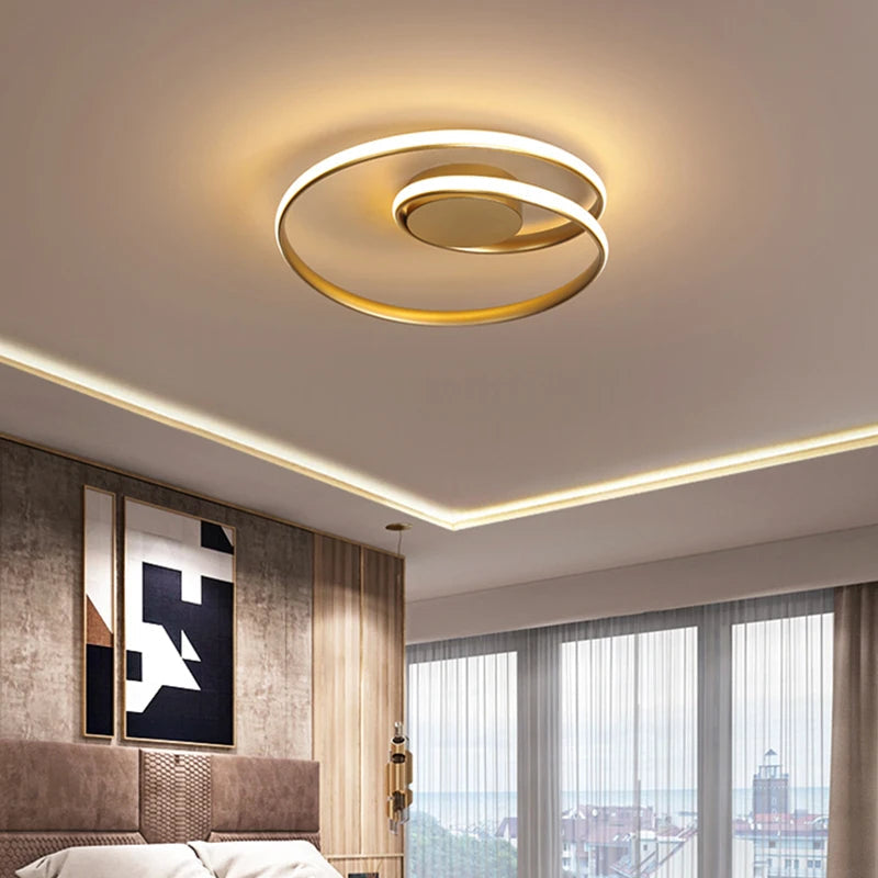 Plafonnier LED moderne rond doré – ambiance chambre luxe