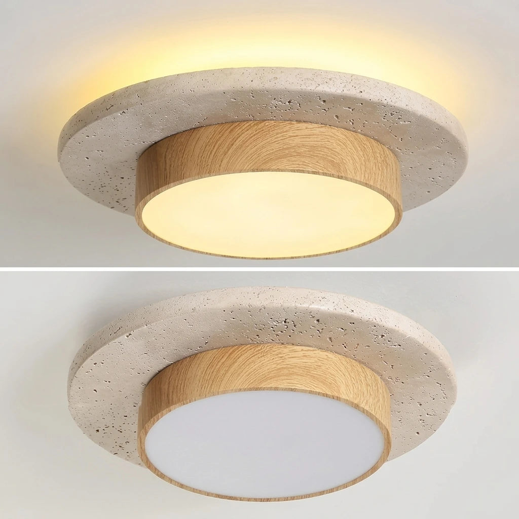 Plafonnier LED Pierre & Bois – vue allumé et éteint