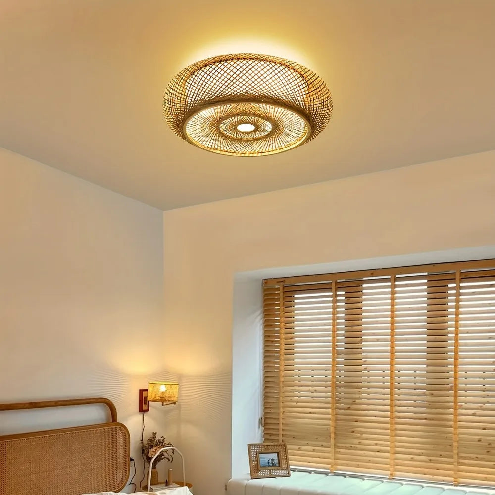 Plafonnier bambou tressé asiatique – ambiance chambre lumière chaleureuse