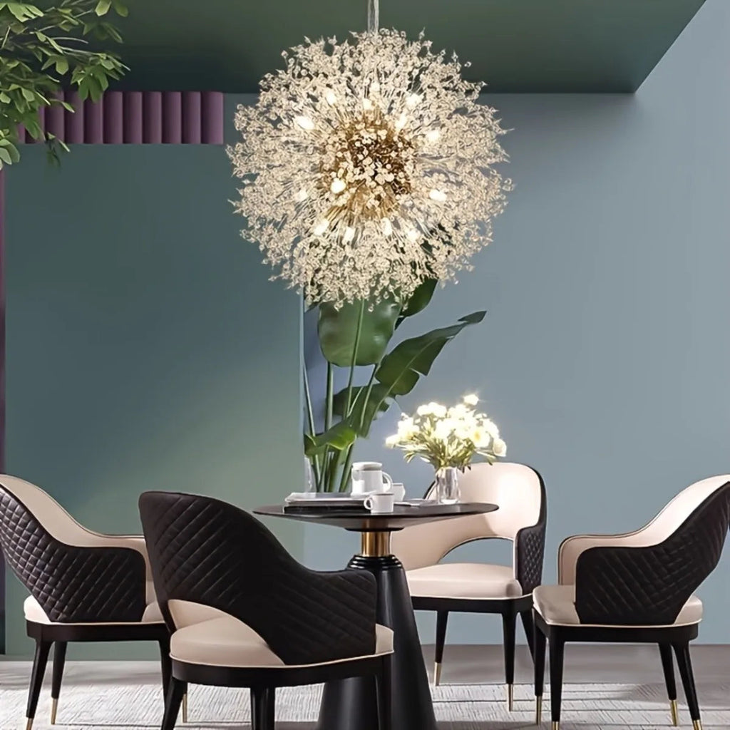 Lustre pissenlit cristal doré – ambiance salon vert