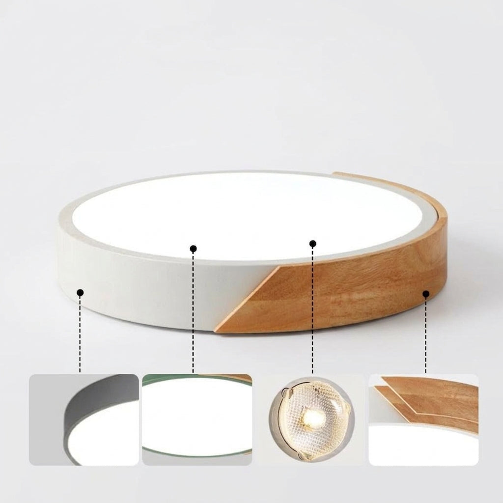Plafonnier LED macaron – composition bois naturel et fer laqué
