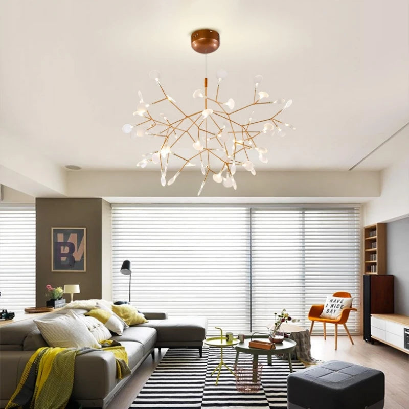 Lustre LED branches lucioles or rosé – ambiance grand salon lumineux