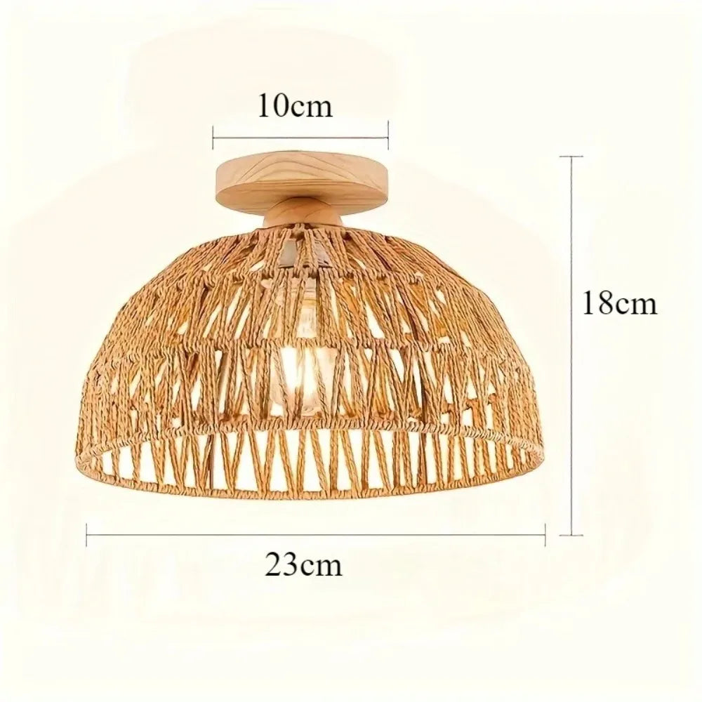 Plafonnier rotin wabi-sabi Ø23cm – dimensions 23×18cm base bois