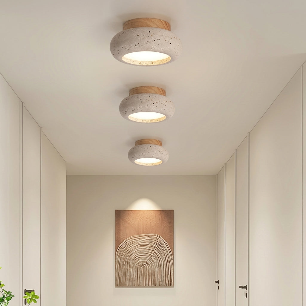 Plafonnier LED Naturel – Travertin & Bois – alignement couloir