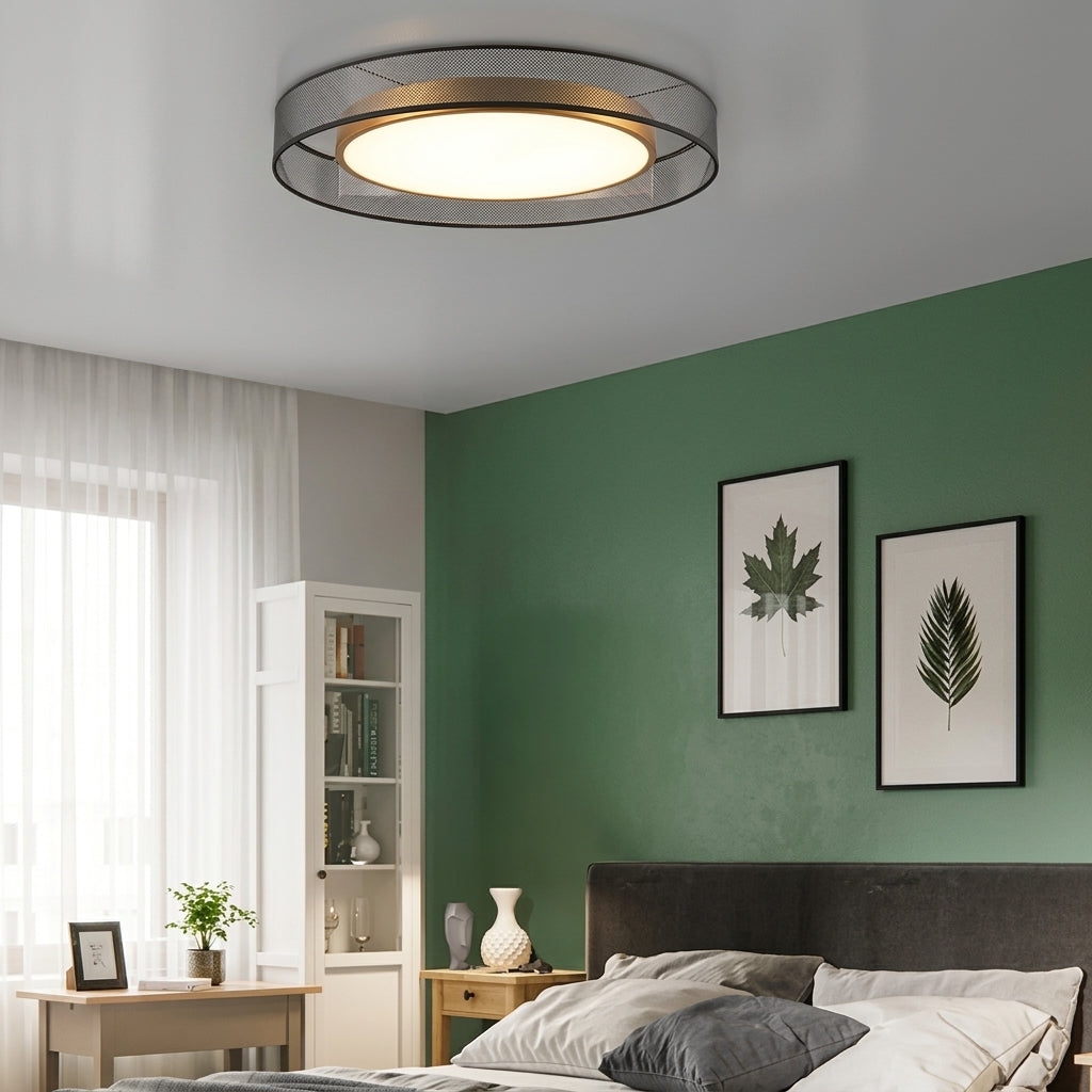 Plafonnier Cuivre Abat-jour Fumé – chambre mur vert ambiance naturelle