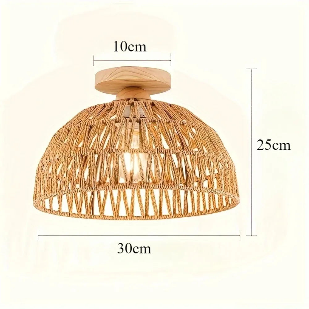 Plafonnier rotin wabi-sabi Ø30cm – dimensions 30×25cm base bois
