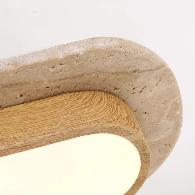 Plafonnier LED Wabi Sabi – détail travertin et diffuseur blanc