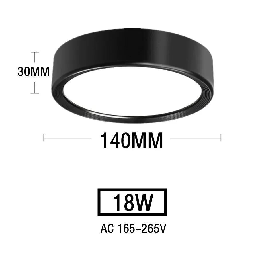Plafonnier LED noir 18W – dimensions Ø140mm × H30mm