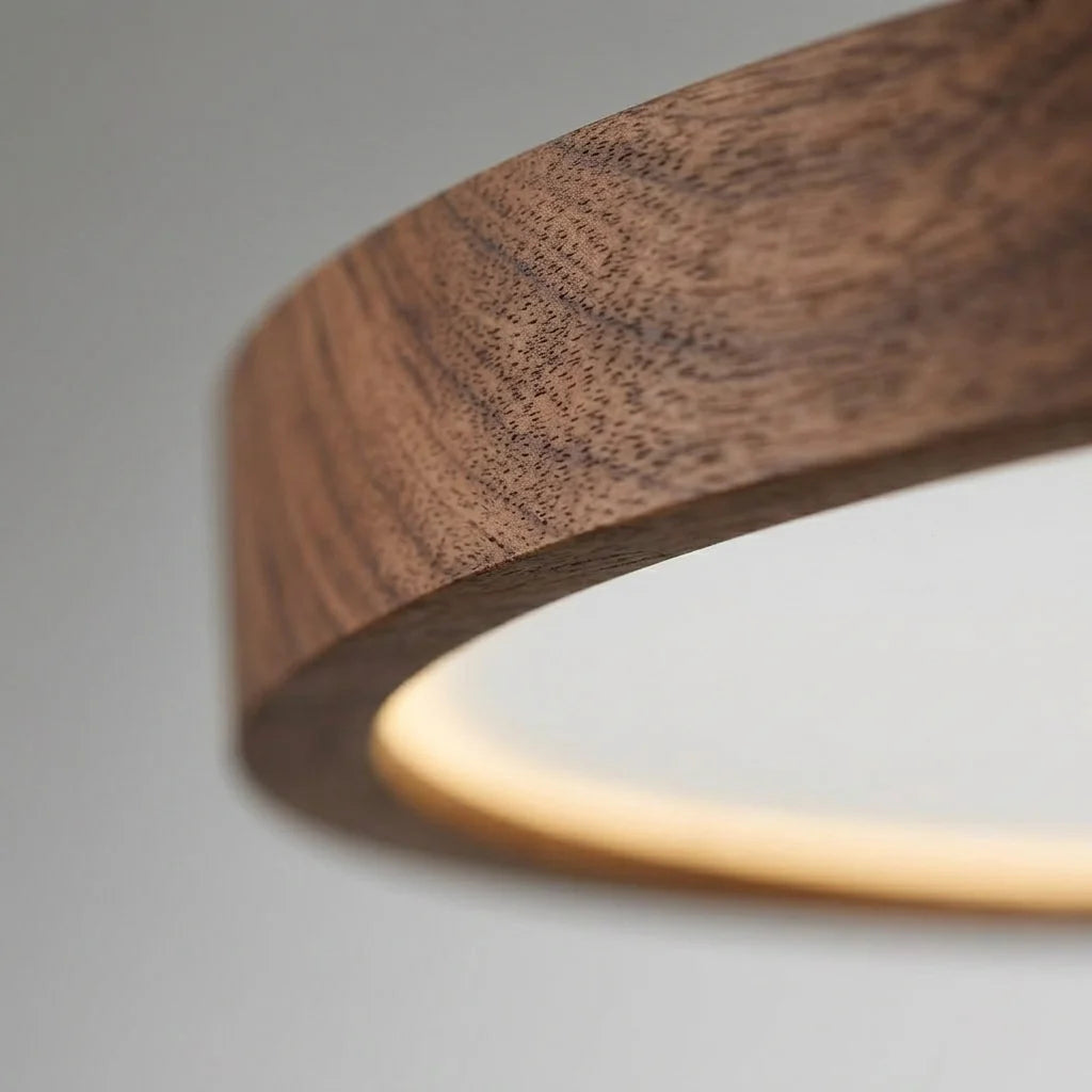 Plafonnier Bois LED Rond – gros plan matière noyer
